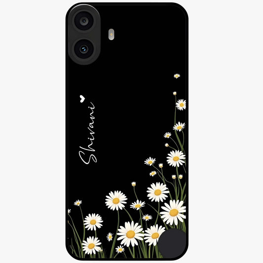 Daisy Cascade Custom Name Glass Case showing flat back view with cascading daisy flowers and personalized name design.