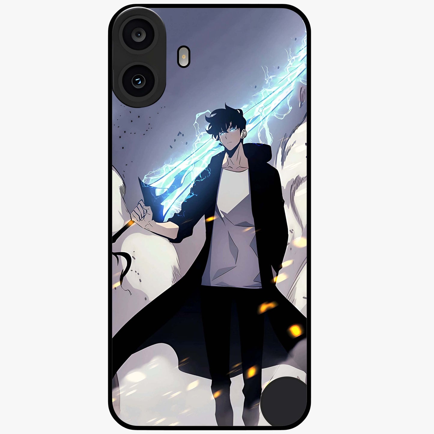 Dark Lightning Anime Warrior Glass Case showing flat back view with intense anime warrior artwork and glossy glass finish.