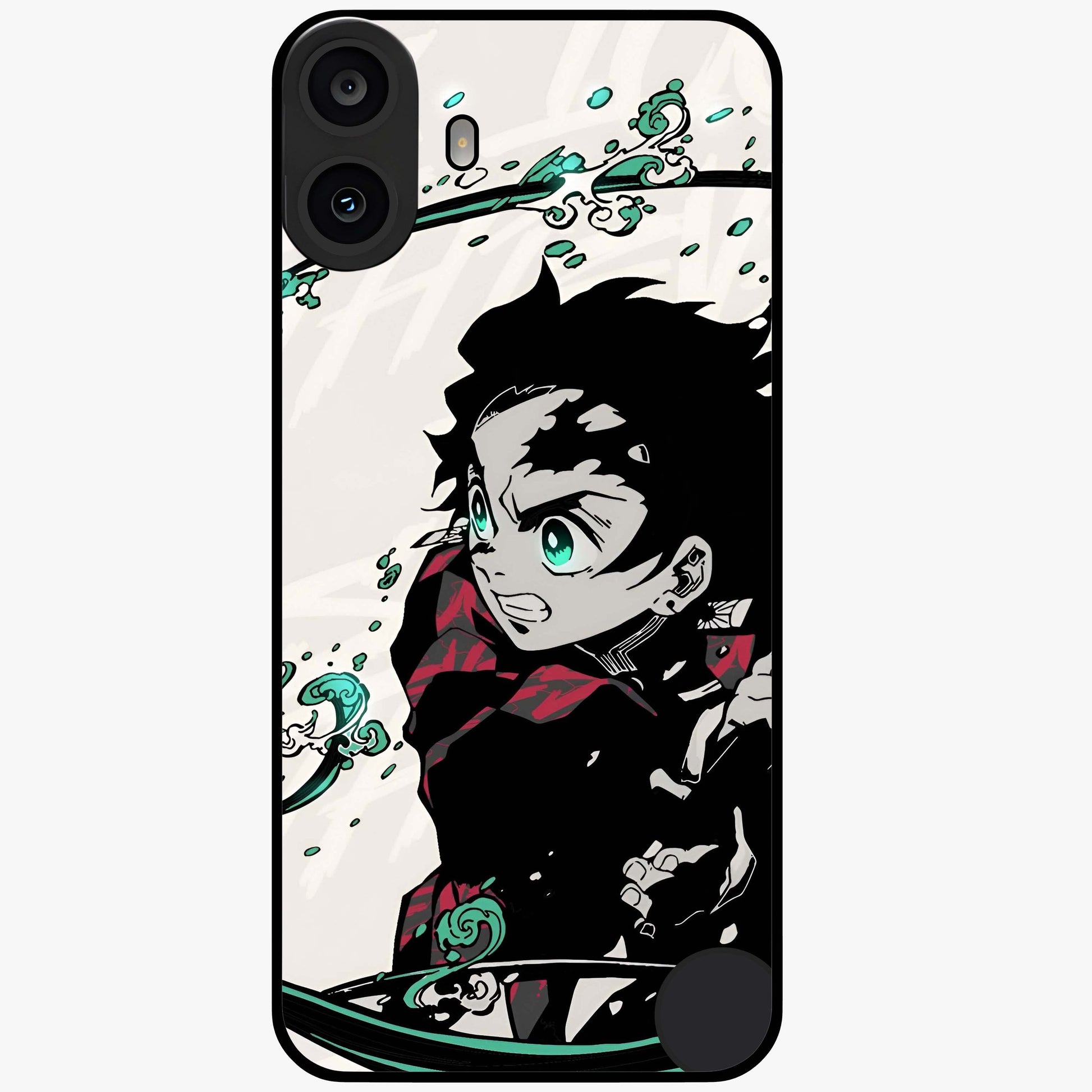 Demon Slayer Glass Case showing flat back view with bold anime inspired artwork and glossy glass finish.