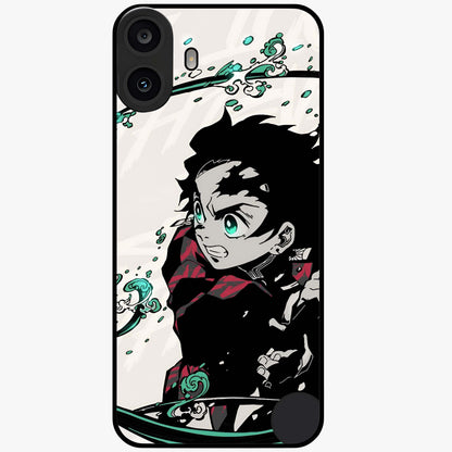 Demon Slayer Glass Case showing flat back view with bold anime inspired artwork and glossy glass finish.