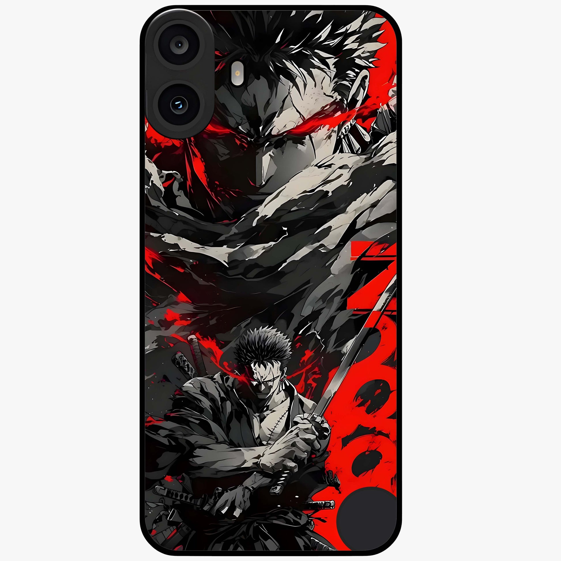 Demon Sword Resolve Glass Case showing flat back view with fierce sword warrior artwork and glossy glass finish.