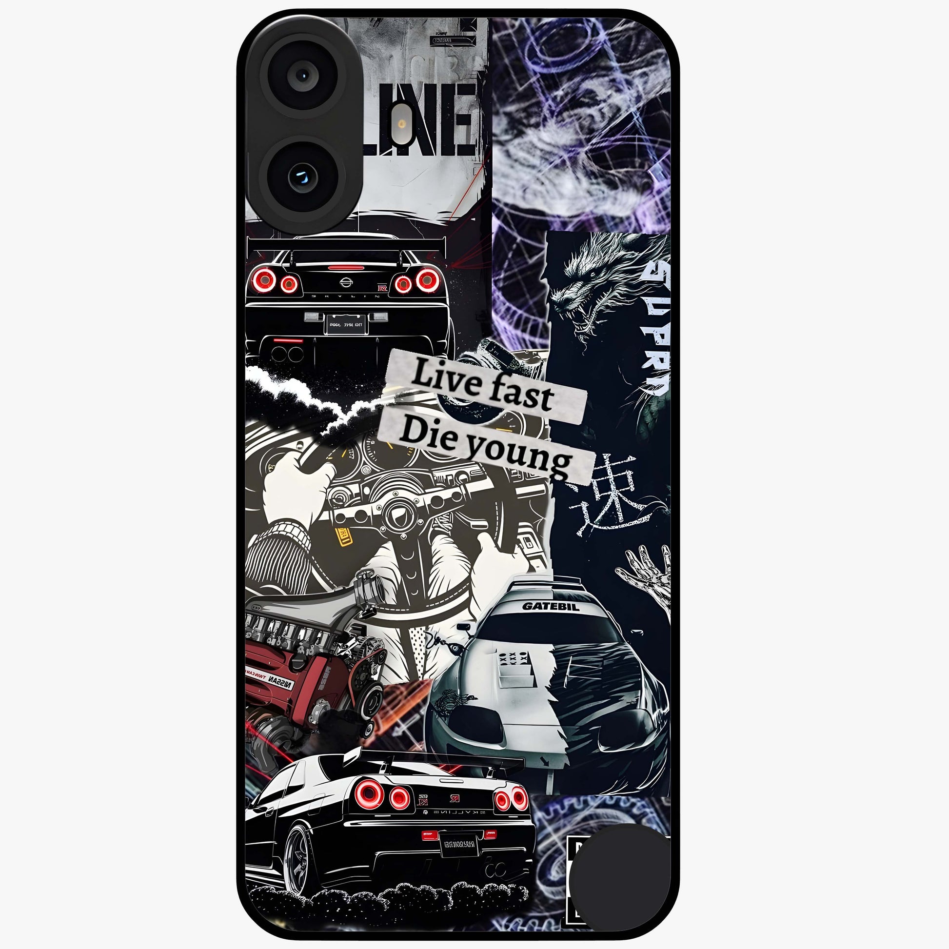 Die Young Glass Case showing flat back view with bold artistic typography design and glossy glass finish.