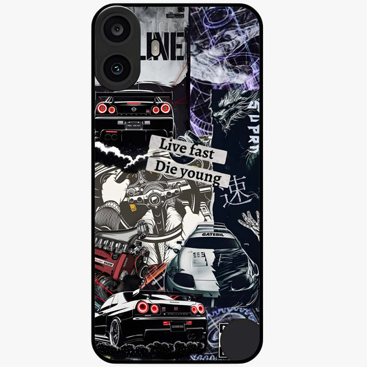 Die Young Glass Case showing flat back view with bold artistic typography design and glossy glass finish.