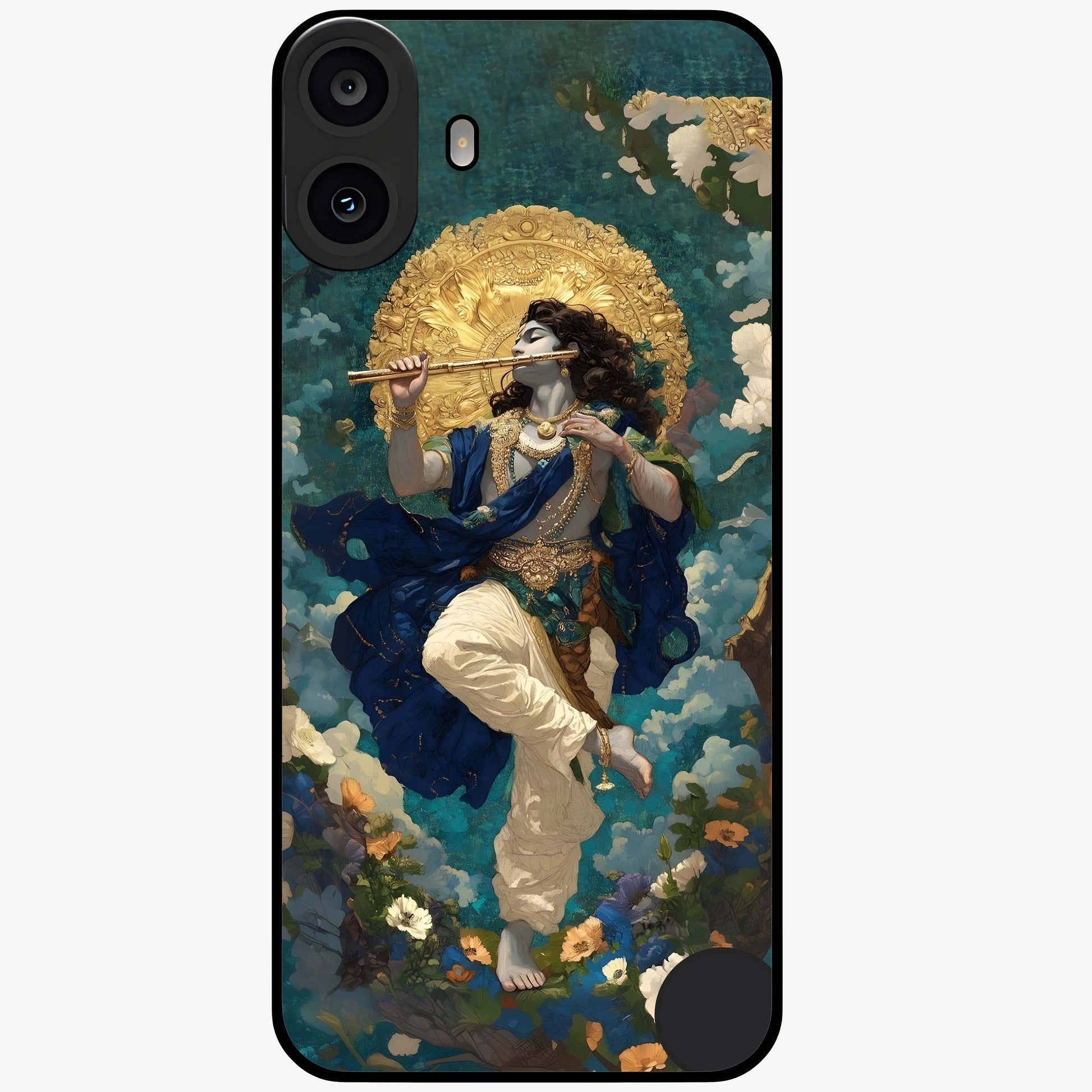 Divine Krishna Art Glass Case showing flat back view with Lord Krishna artwork and glossy glass finish.