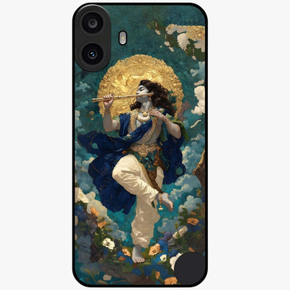 Divine Krishna Art Glass Case showing flat back view with Lord Krishna artwork and glossy glass finish.