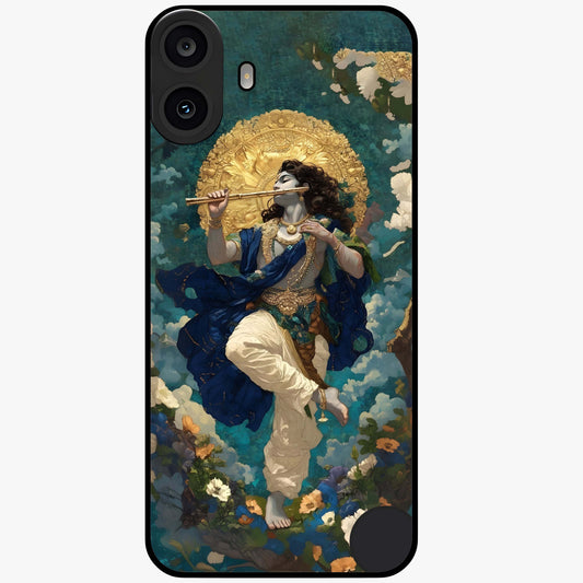 Divine Krishna Art Glass Case showing flat back view with Lord Krishna artwork and glossy glass finish.