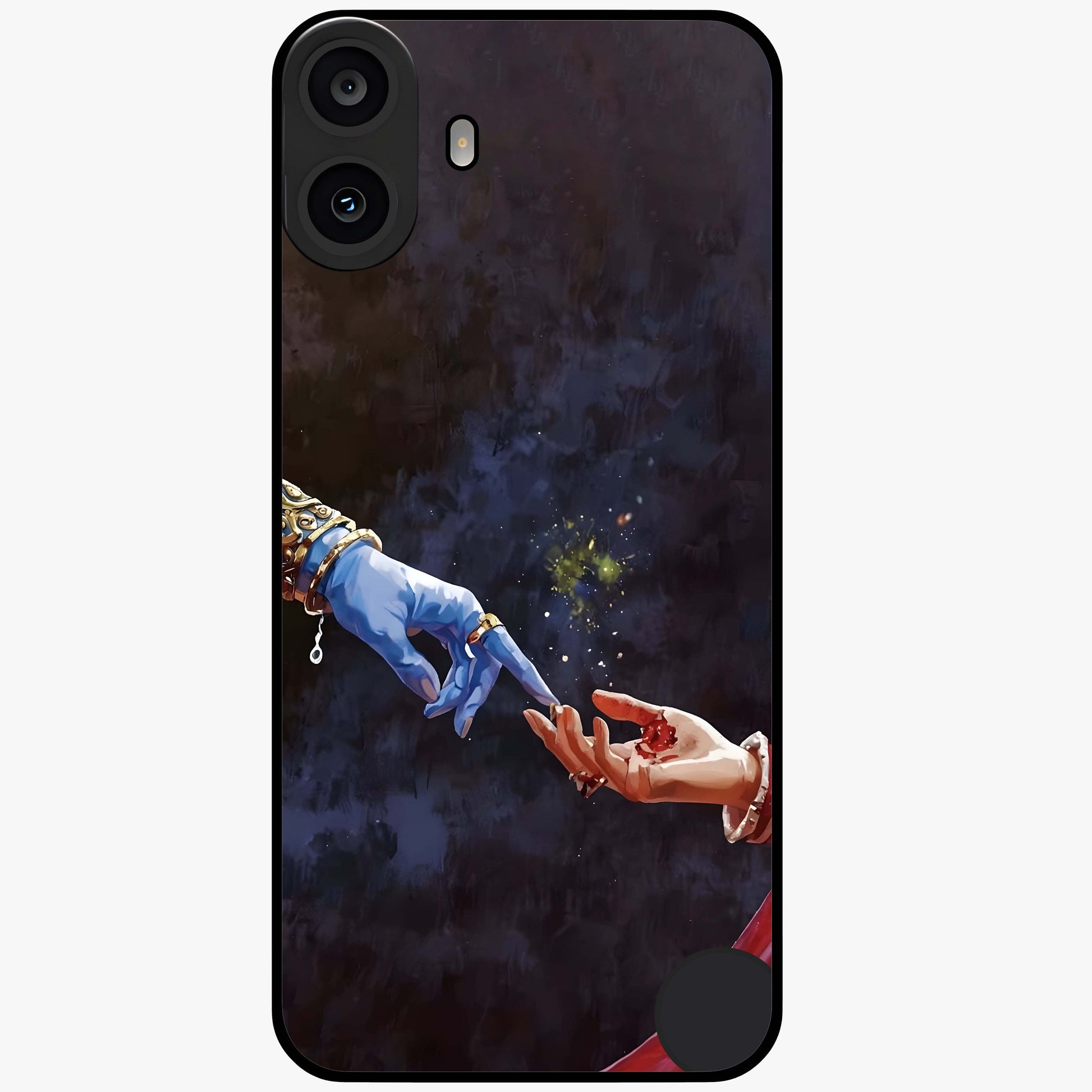 Divine Touch Eternal Glass Case showing flat back view with spiritual themed artwork and glossy glass finish.