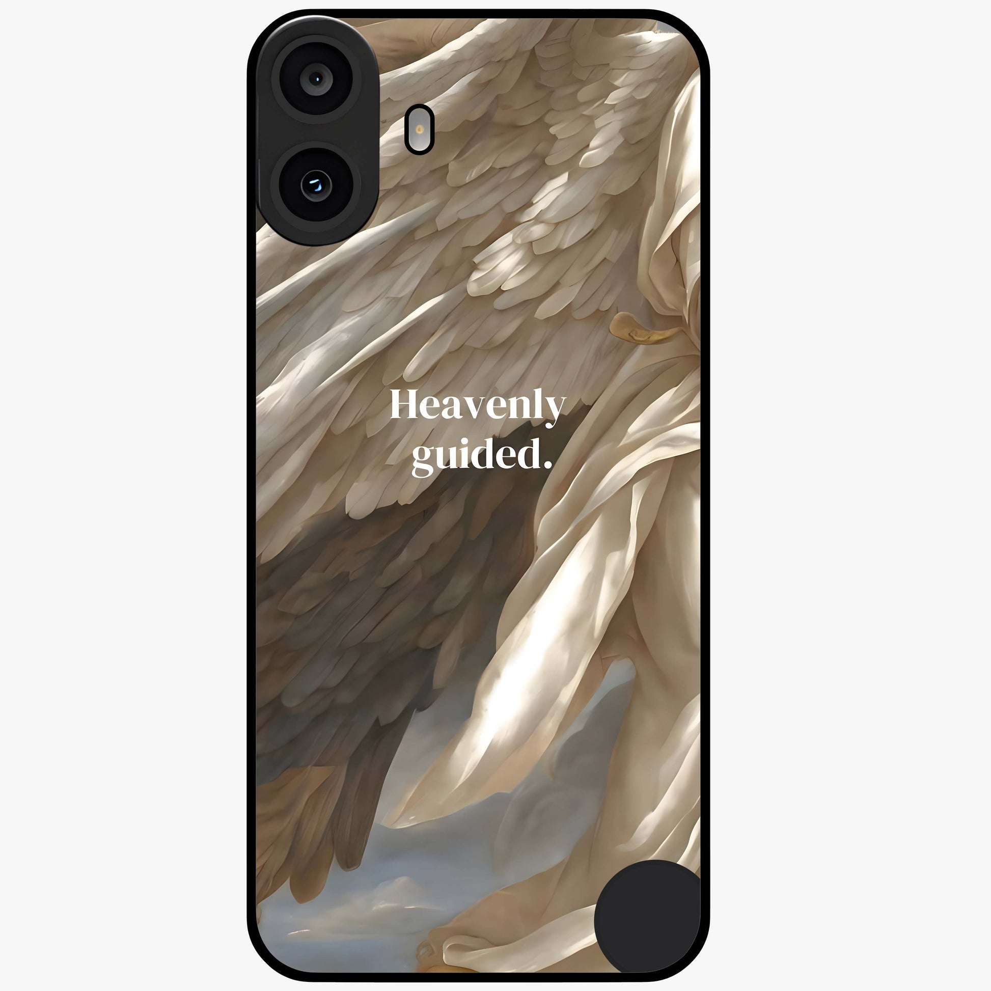 Divine Winged Grace Glass Case showing flat back view with elegant wing inspired artwork and glossy glass finish.