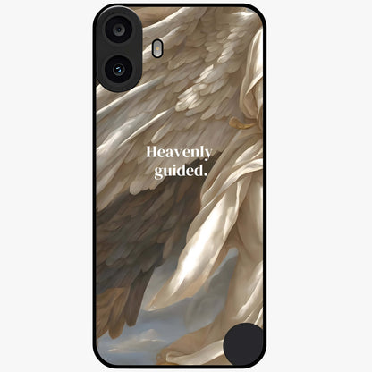 Divine Winged Grace Glass Case showing flat back view with elegant wing inspired artwork and glossy glass finish.