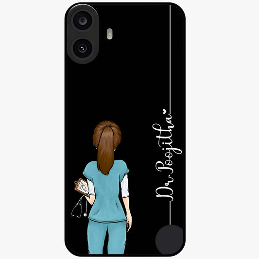 Doctor Pattern Custom Name Glass Case showing flat back view with medical themed pattern and personalized name design.
