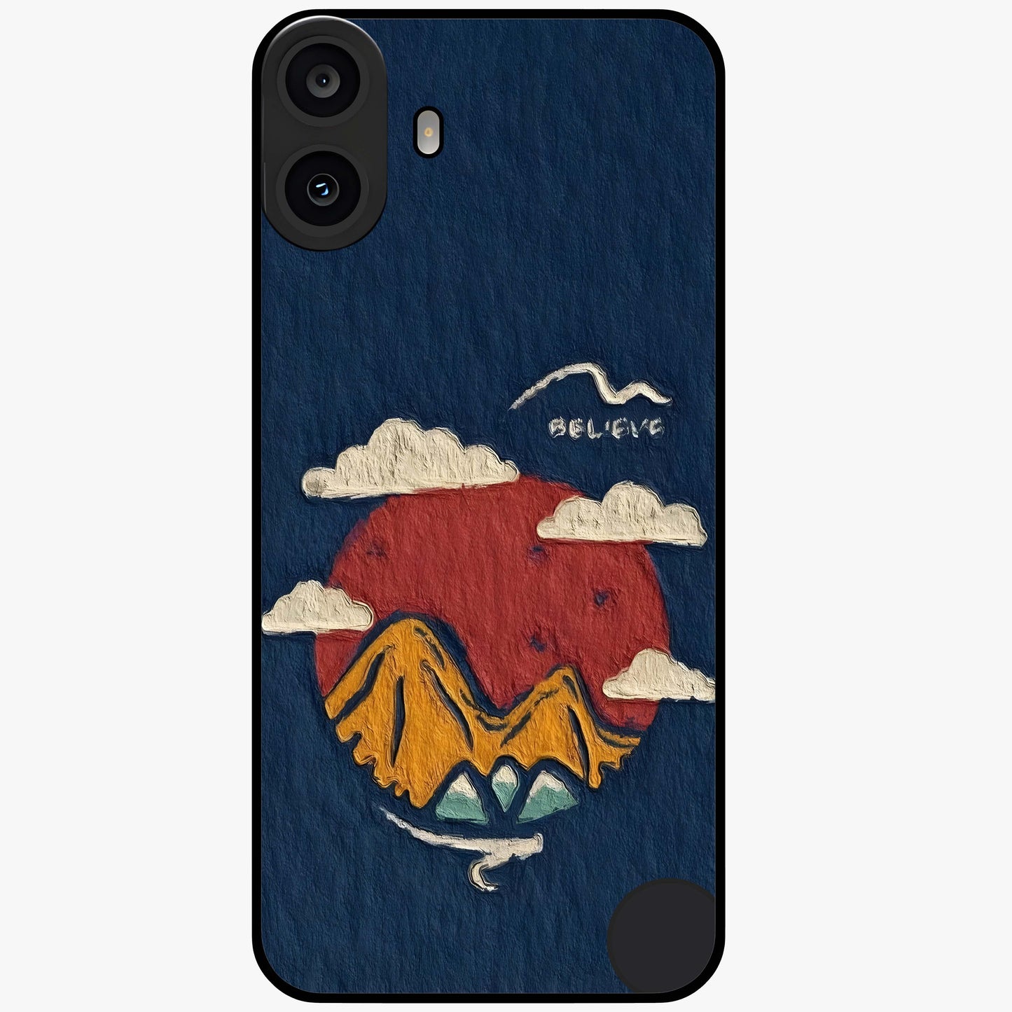 Dream Beyond Mountains Glass Case showing flat back view with scenic mountain landscape artwork and glossy glass finish.
