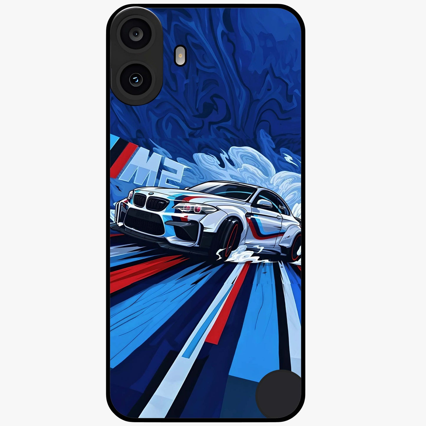 Drift Power Rush Glass Case showing flat back view with dynamic racing inspired artwork and glossy glass finish.