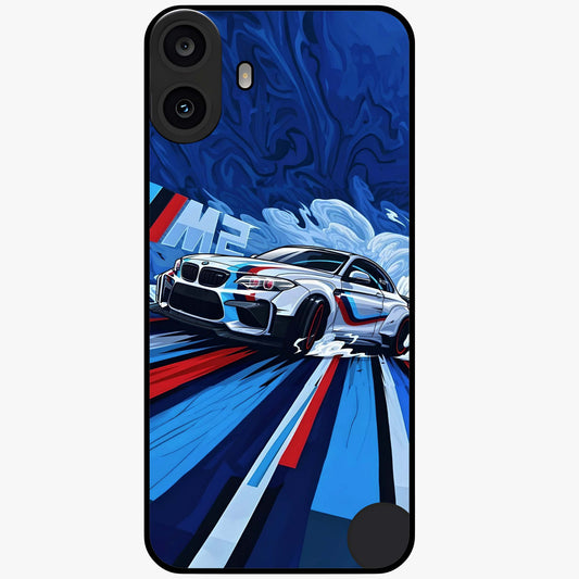 Drift Power Rush Glass Case showing flat back view with dynamic racing inspired artwork and glossy glass finish.