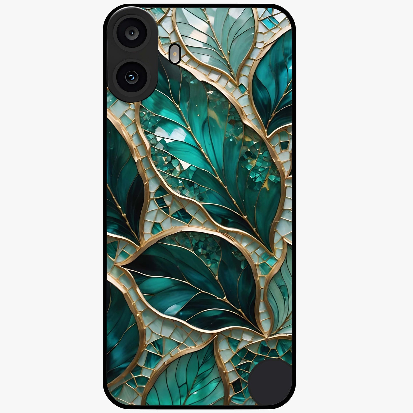 Emerald Leaf Glass Glass Case showing flat back view with emerald green leaf artwork and glossy glass finish.