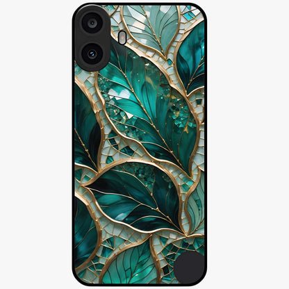Emerald Leaf Glass Glass Case showing flat back view with emerald green leaf artwork and glossy glass finish.