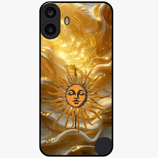 Eternal Golden Glow Glass Case showing flat back view with radiant golden themed artwork and glossy glass finish.