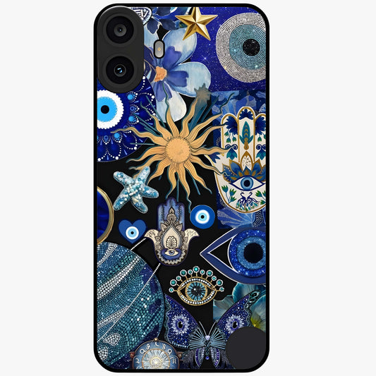 Evil Eye Charm Mix Glass Case showing flat back view with multiple evil eye charms artwork and glossy glass finish.