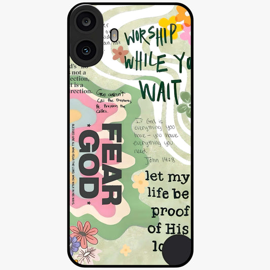 Faith Over Fear Glass Case showing flat back view with motivational typography artwork and glossy glass finish.
