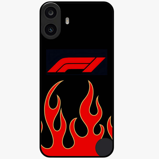 Fire F11 Glass Case showing flat back view with fiery themed artwork and glossy glass finish.