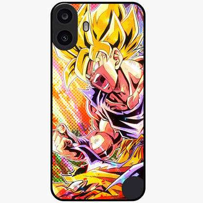 Firing Goku Glass Case showing flat back view with powerful anime inspired artwork and glossy glass finish.