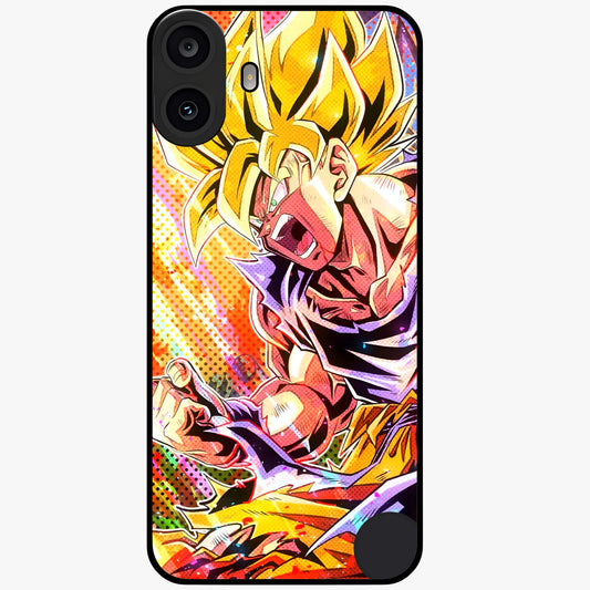 Firing Goku Glass Case showing flat back view with powerful anime inspired artwork and glossy glass finish.