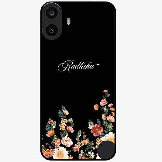 Floral Design With a Custom Personalized Name Glass Case showing flat back view with floral artwork and personalized name design.