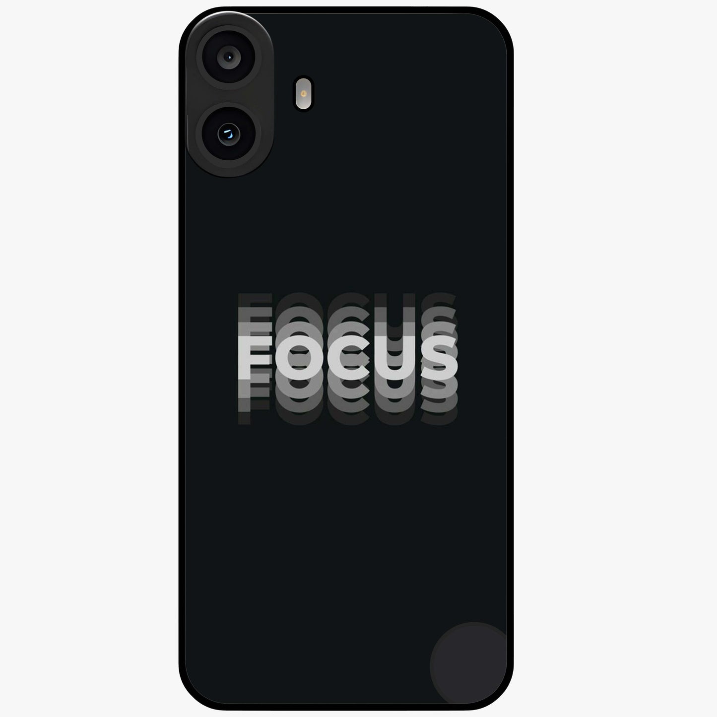 Focus Mode On Glass Case showing flat back view with bold motivational typography design and glossy glass finish.