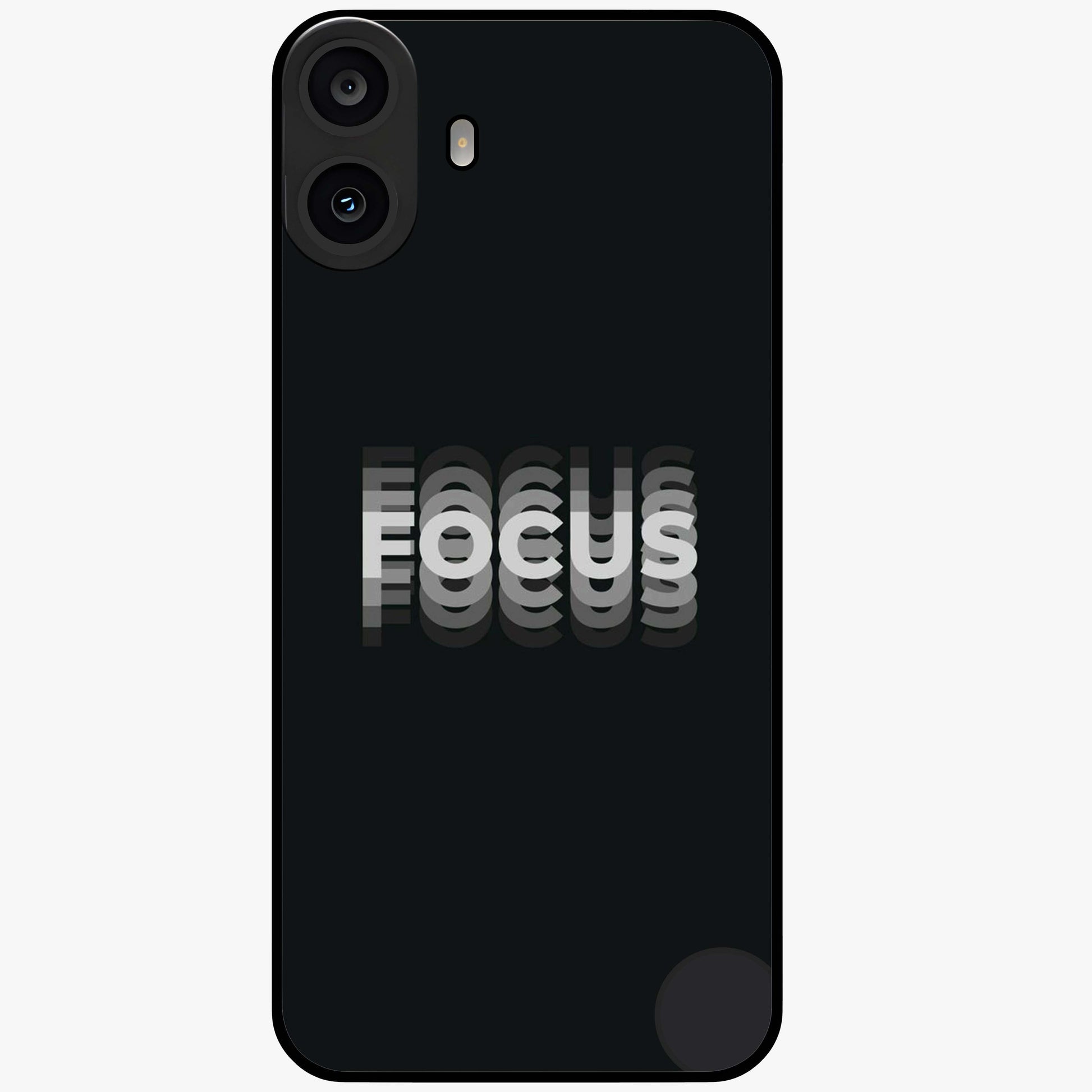 Focus Mode On Glass Case showing flat back view with bold motivational typography design and glossy glass finish.