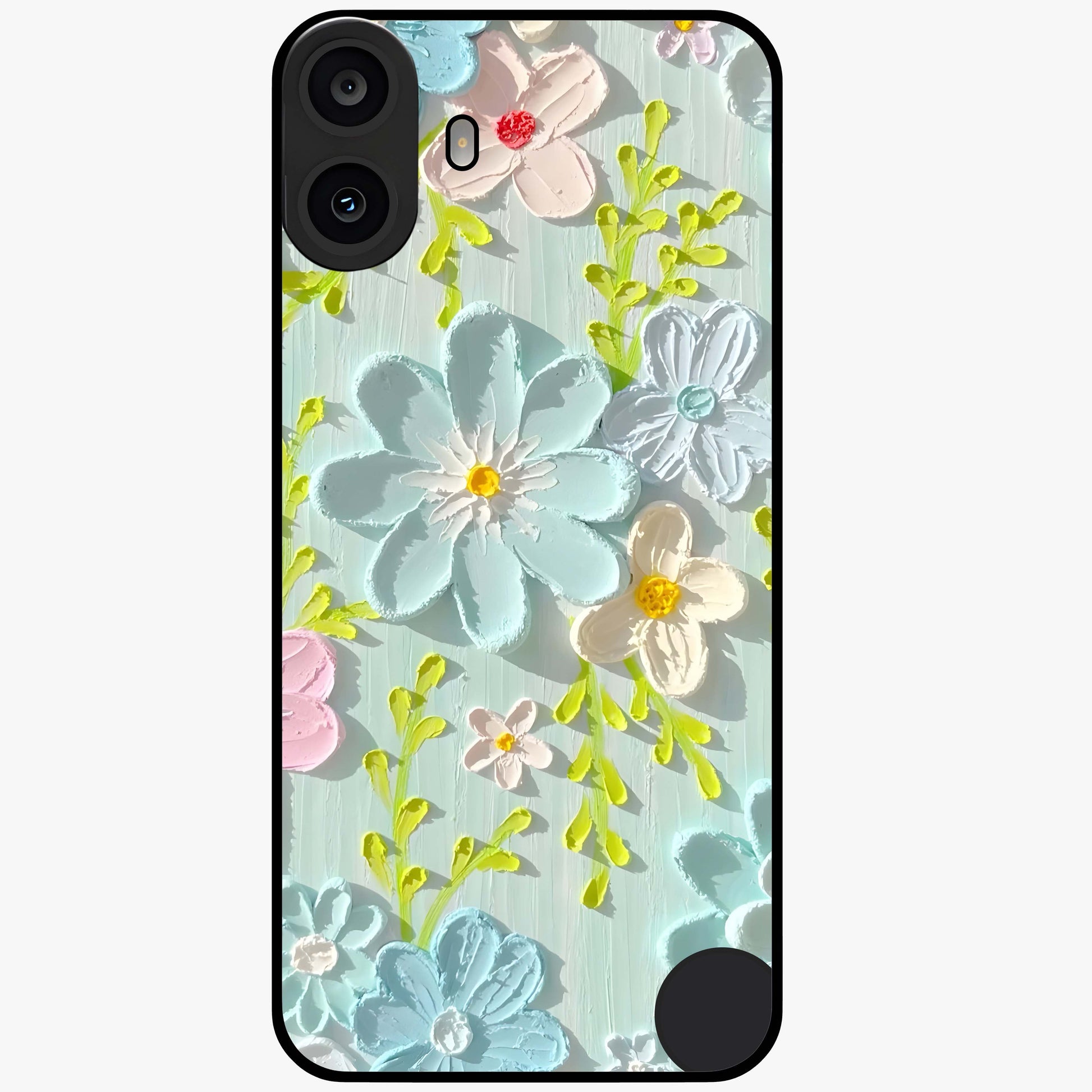 Frosted Petal Garden Glass Case showing flat back view with soft frosted floral artwork and glossy glass finish.
