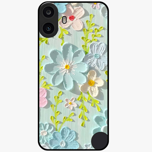Frosted Petal Garden Glass Case showing flat back view with soft frosted floral artwork and glossy glass finish.