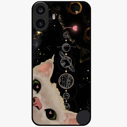 Galactic Cat Glass Case showing flat back view with cosmic cat artwork and glossy glass finish.