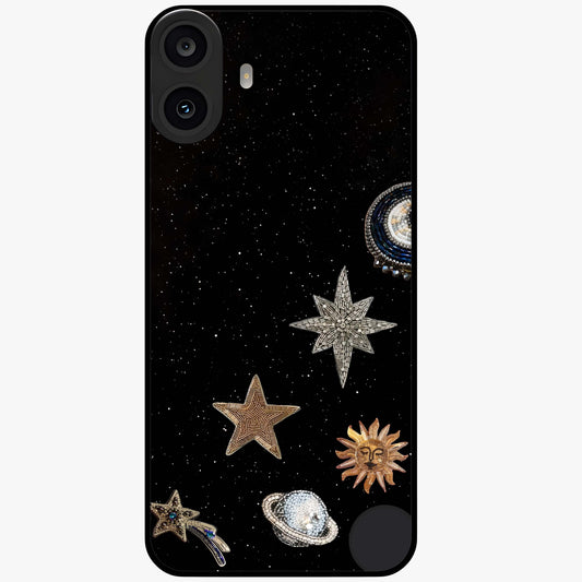 Galactic Charm Glow Glass Case showing flat back view with glowing celestial charm artwork and glossy glass finish.
