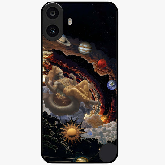 Galactic Divine God Glass Case showing flat back view with divine cosmic themed artwork and glossy glass finish.