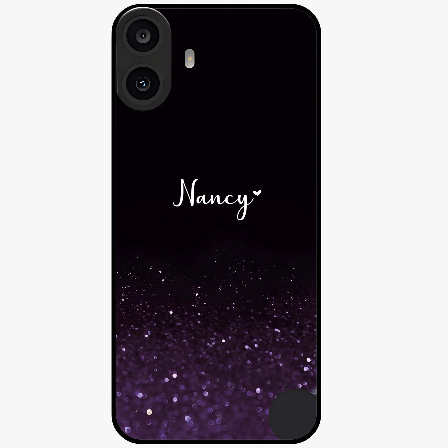 Glittery Purple Bokeh Custom Name Glass Case showing flat back view with purple bokeh sparkle artwork and personalized name design.