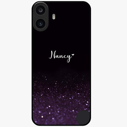 Glittery Purple Bokeh Custom Name Glass Case showing flat back view with purple bokeh sparkle artwork and personalized name design.