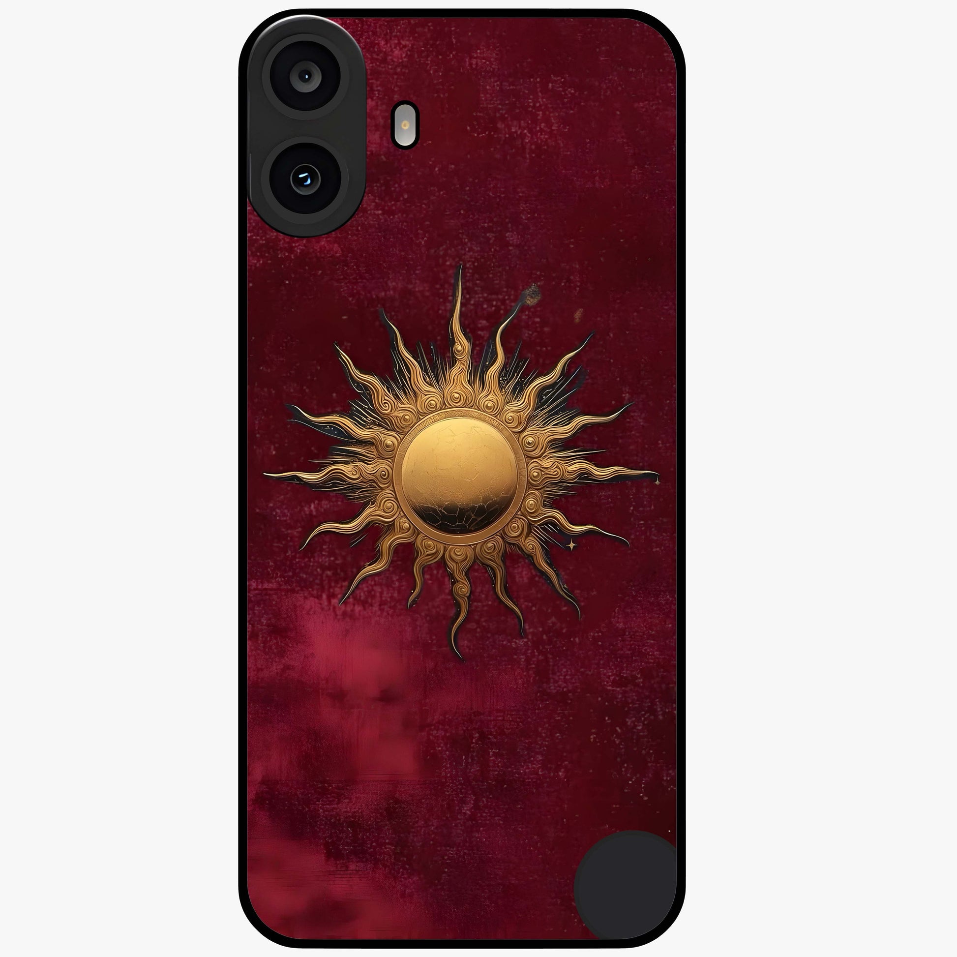 Gold Sun Blush Glass Case showing flat back view with golden sun inspired artwork and glossy glass finish.