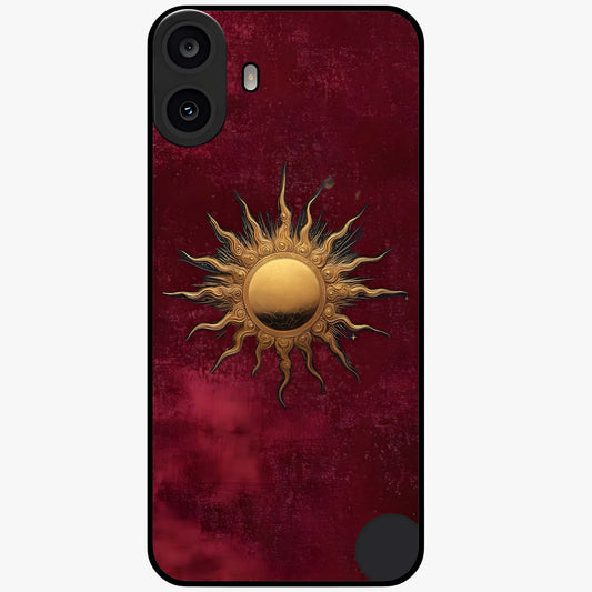 Gold Sun Blush Glass Case showing flat back view with golden sun inspired artwork and glossy glass finish.