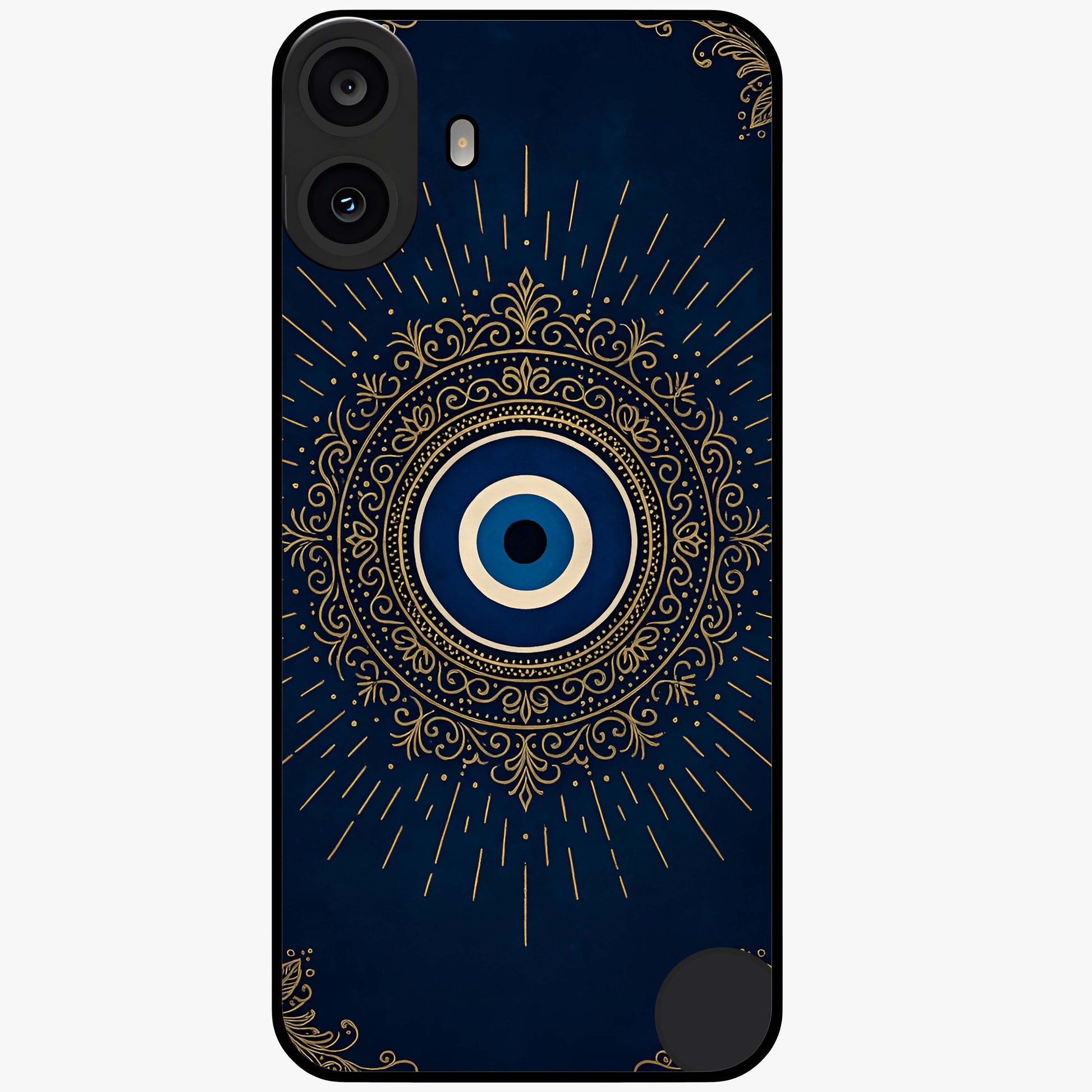 Golden Evil Eye Mandala Glass Case showing flat back view with intricate evil eye mandala artwork and glossy glass finish.