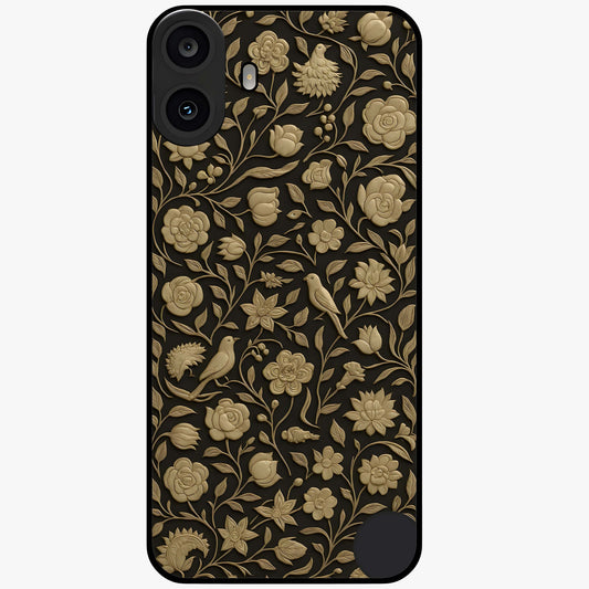 Golden Floral Majesty Glass Case showing flat back view with luxurious golden floral artwork and glossy glass finish.