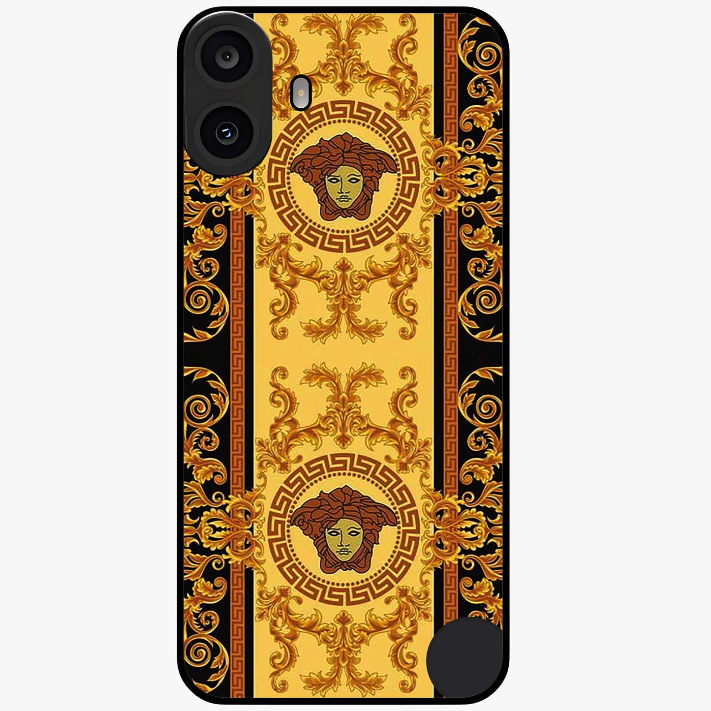 Golden Royal Heritage Glass Case showing flat back view with ornate royal pattern artwork and glossy glass finish.