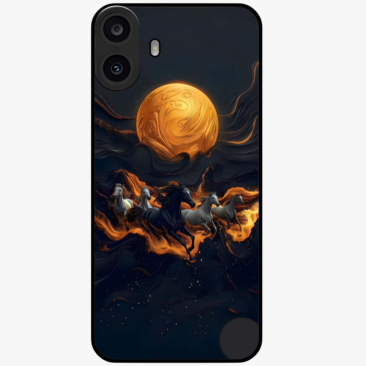 Golden Stallion Moonride Glass Case showing flat back view with majestic horse under moonlight artwork and glossy glass finish.