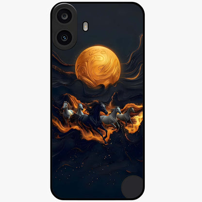Golden Stallion Moonride Glass Case showing flat back view with majestic horse under moonlight artwork and glossy glass finish.
