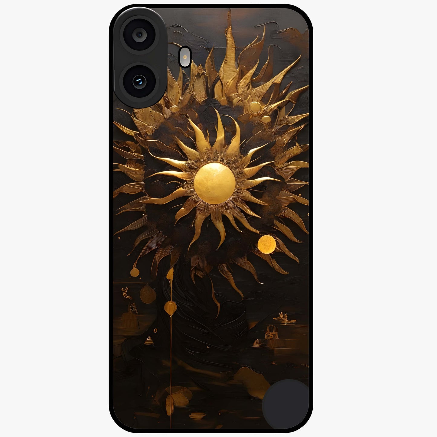 Golden Sun Majesty Glass Case showing flat back view with radiant golden sun artwork and glossy glass finish.