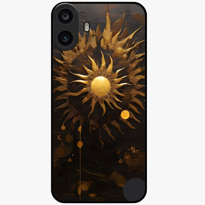 Golden Sun Majesty Glass Case showing flat back view with radiant golden sun artwork and glossy glass finish.