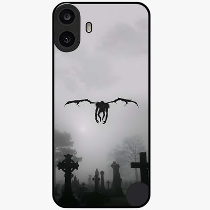 Graveyard Shadow Descent Glass Case showing flat back view with dark graveyard themed artwork and glossy glass finish.