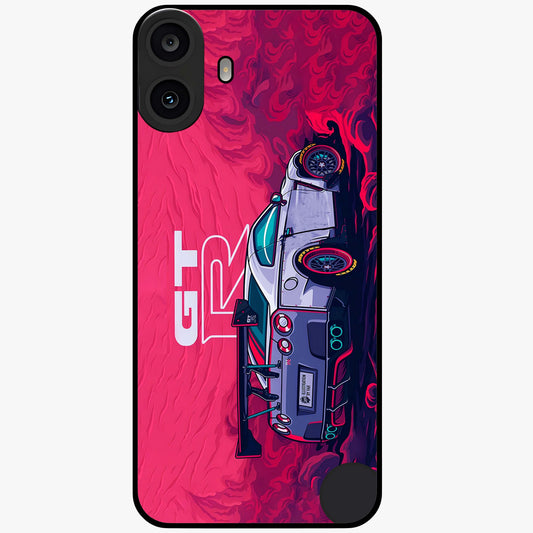 GT-R Car Pattern Glass Case showing flat back view with sporty car inspired pattern artwork and glossy glass finish.