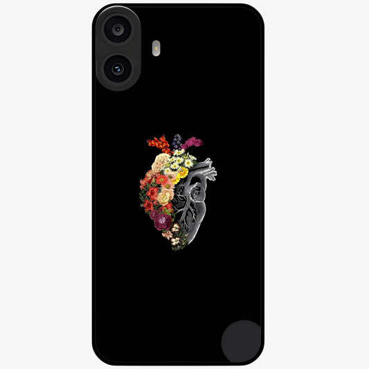 Heart With Flowers Glass Case showing flat back view with heart shaped floral artwork and glossy glass finish.