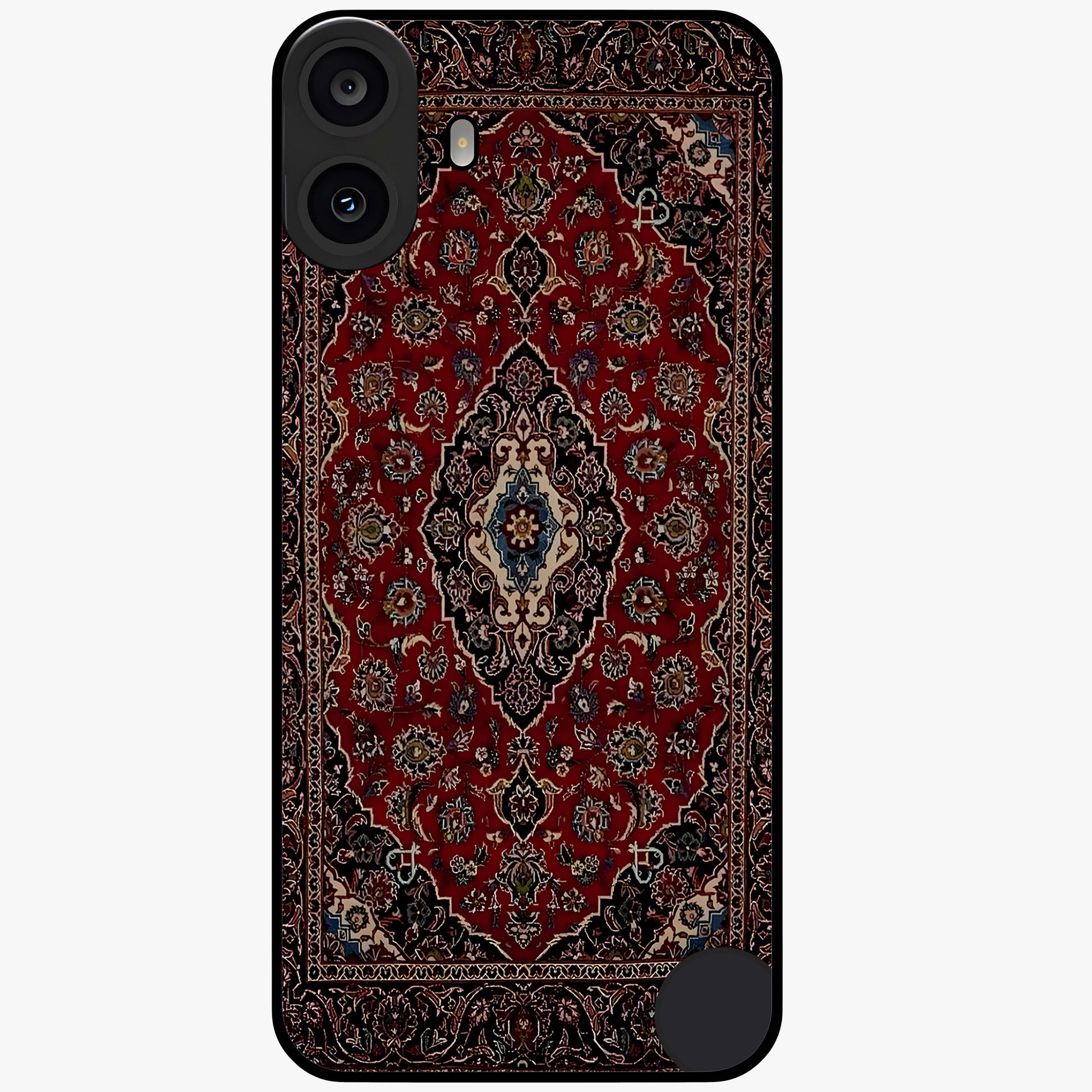 Heritage Carpet Royale Glass Case showing flat back view with ornate Persian carpet inspired pattern and glossy glass finish.