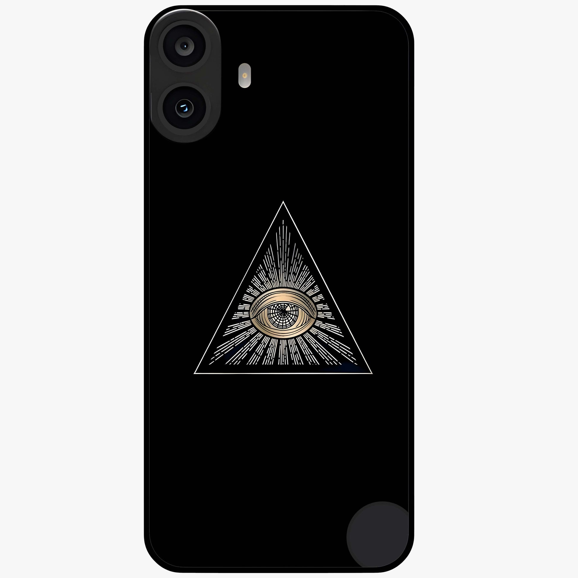 Illuminati Evil Glass Case showing flat back view with mysterious illuminati symbol artwork and glossy glass finish.