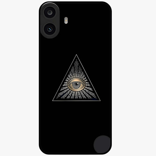Illuminati Evil Glass Case showing flat back view with mysterious illuminati symbol artwork and glossy glass finish.